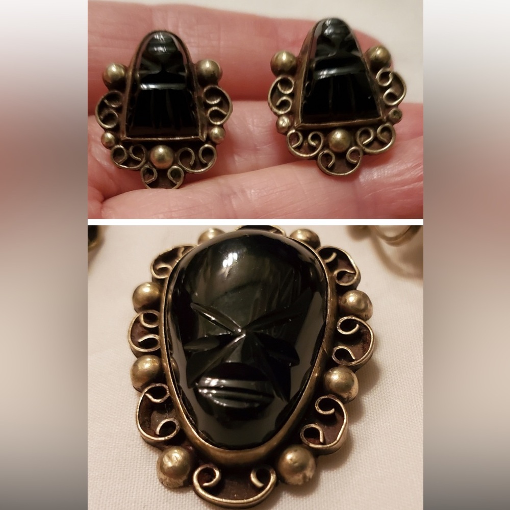 Onyx Sterling Silver Brooch Earrings Tribal Mask Set